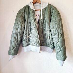 Gap Jacket Womens Medium Reversible Hooded Full Zip Quilted Bomber Green Gray‎